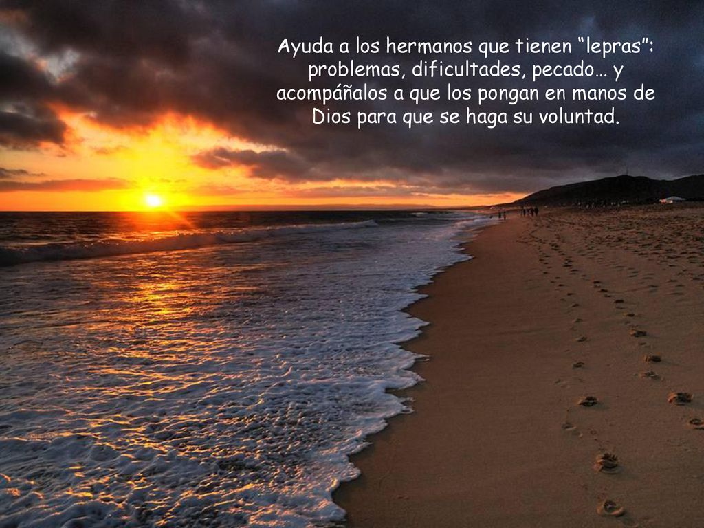 Ayuda a los hermanos que tienen lepras : problemas, dificultades, pecado… y acompáñalos a que los pongan en manos de Dios para que se haga su voluntad.