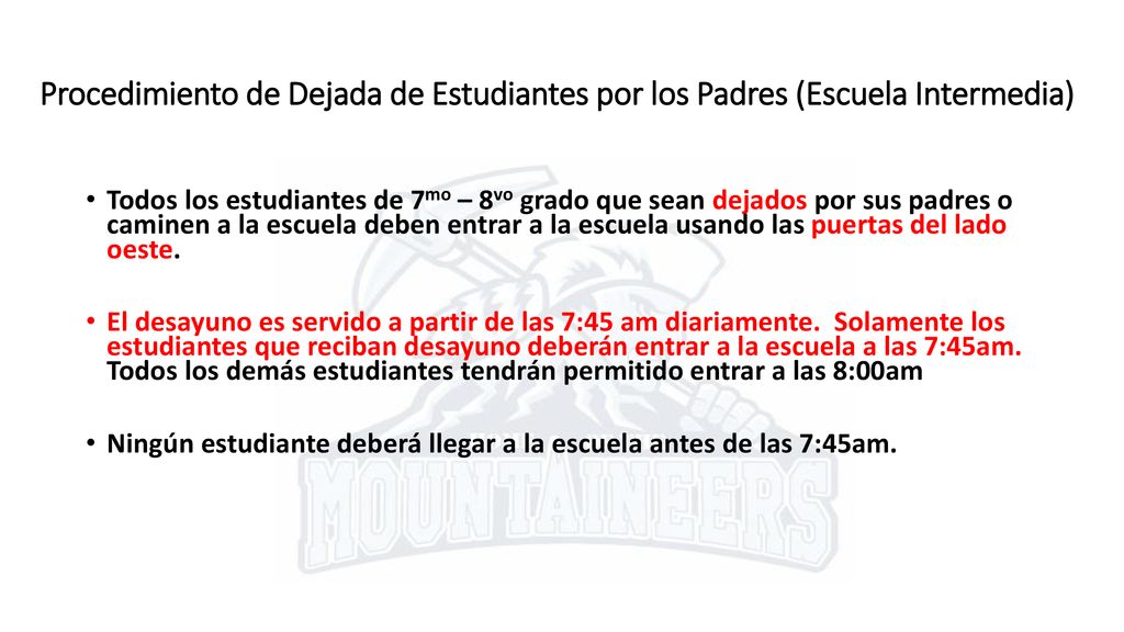 Procedimiento de Dejada de Estudiantes por los Padres (Escuela Intermedia)