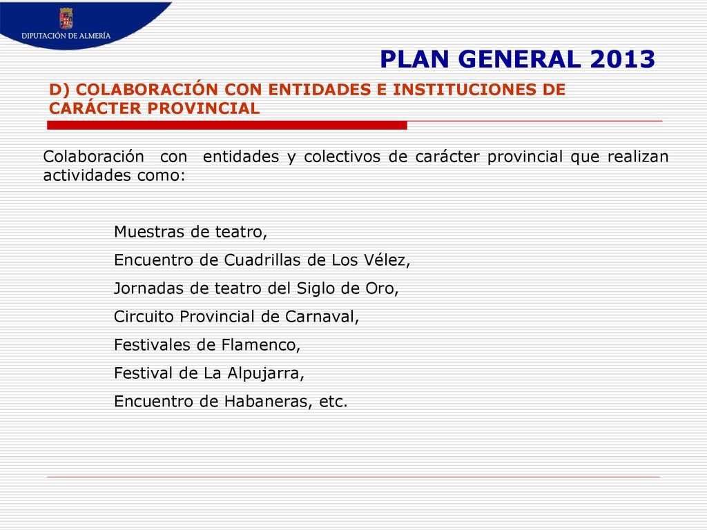 PLAN GENERAL 2013 D) COLABORACIÓN CON ENTIDADES E INSTITUCIONES DE CARÁCTER PROVINCIAL.