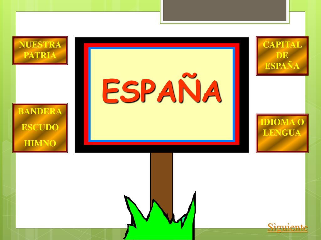 ESPAÑA Siguiente NUESTRA PATRIA CAPITAL DE ESPAÑA BANDERA ESCUDO HIMNO