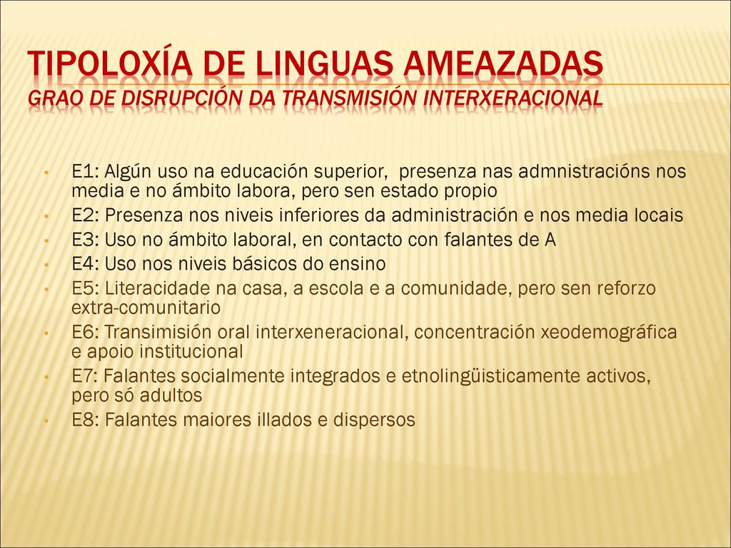 Tipoloxía de linguas ameazadas grao de disrupción da transmisión interxeracional