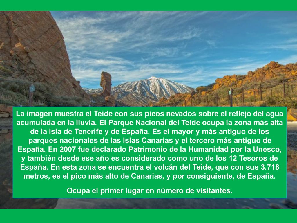 La imagen muestra el Teide con sus picos nevados sobre el reflejo del agua acumulada en la lluvia.