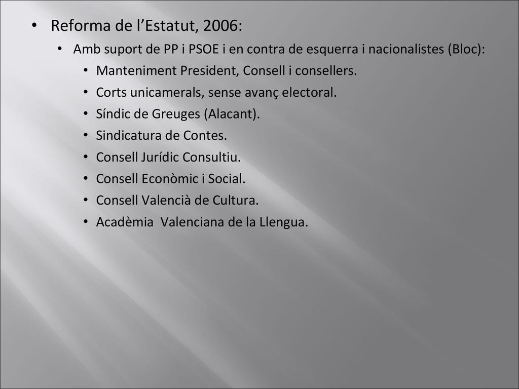 Reforma de l’Estatut, 2006: Amb suport de PP i PSOE i en contra de esquerra i nacionalistes (Bloc):