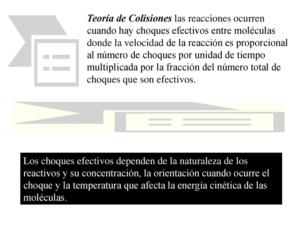 Teoría de Colisiones las reacciones ocurren cuando hay choques efectivos entre moléculas donde la velocidad de la reacción es proporcional al número de choques por unidad de tiempo multiplicada por la fracción del número total de choques que son efectivos.