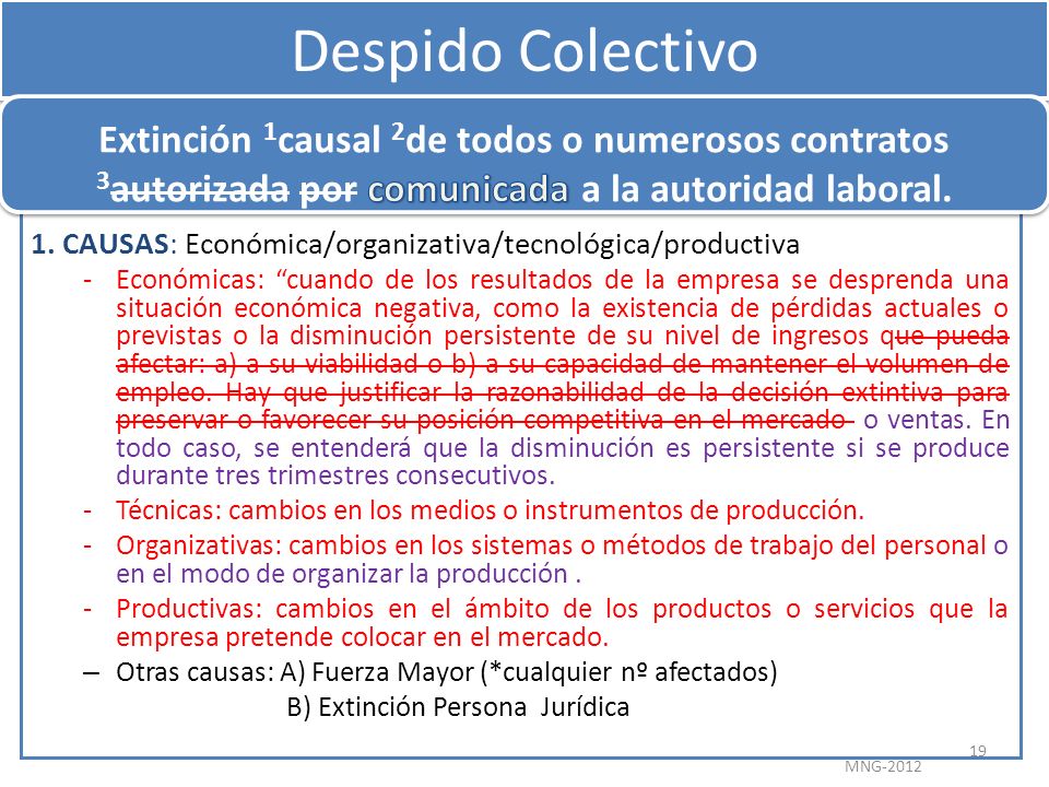 Despido Colectivo Extinción 1causal 2de todos o numerosos contratos 3autorizada por comunicada a la autoridad laboral.