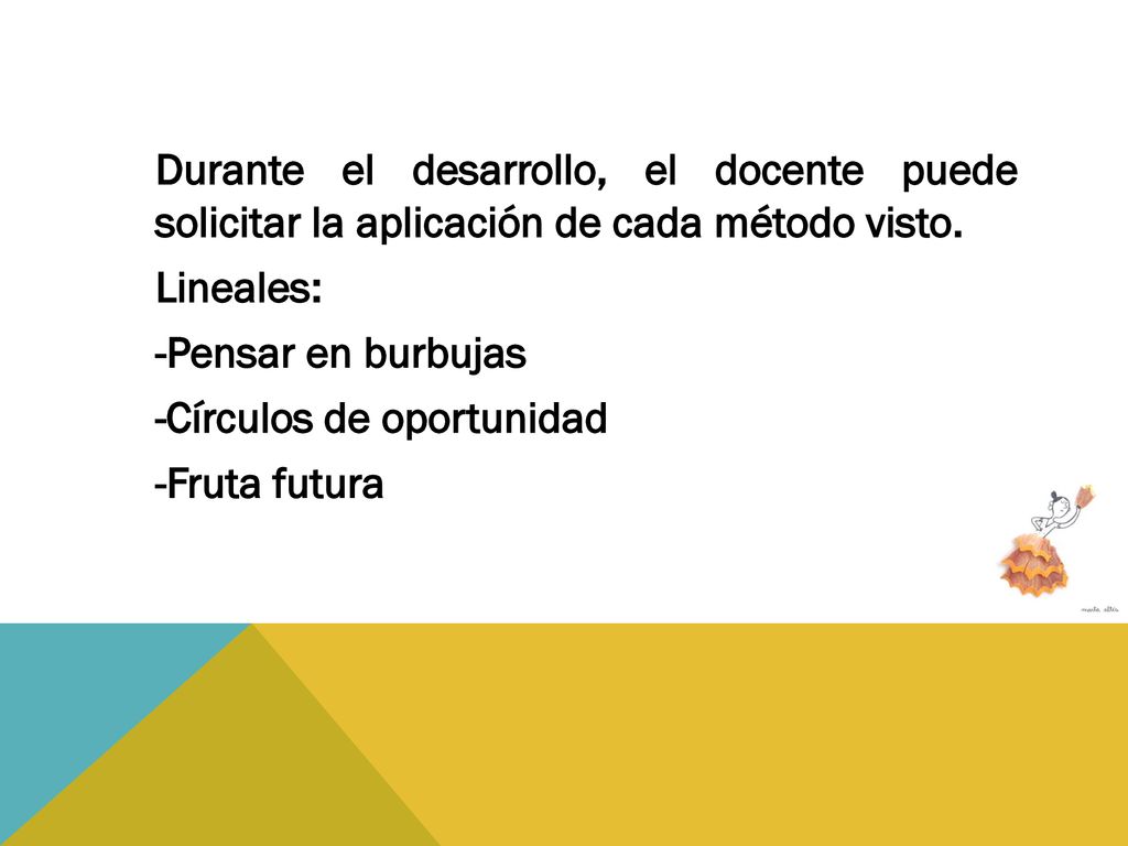 Durante el desarrollo, el docente puede solicitar la aplicación de cada método visto.
