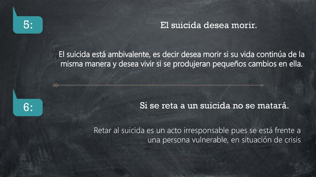 5: 6: El suicida desea morir. Si se reta a un suicida no se matará.
