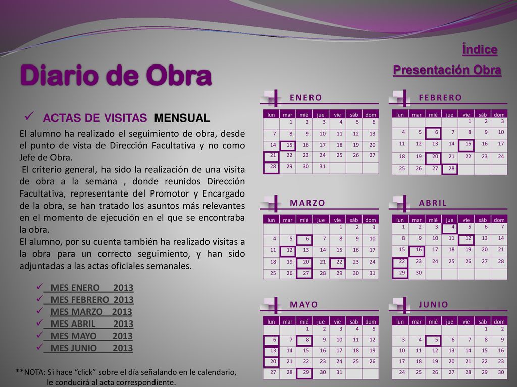 Diario de Obra Índice Presentación Obra ACTAS DE VISITAS MENSUAL