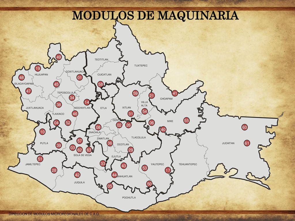 MODULOS DE MAQUINARIA SILACAYOAPAM. HUJUAPAN. JUXTLAHUACA. TEPOSCOLULA. NOCHIXTLAN. TLAXIACO. TUXTEPEC.
