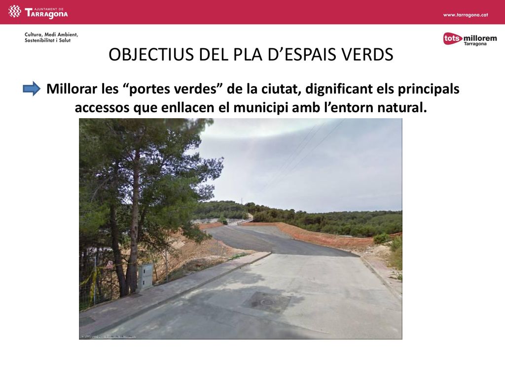 OBJECTIUS DEL PLA D’ESPAIS VERDS Millorar les portes verdes de la ciutat, dignificant els principals accessos que enllacen el municipi amb l’entorn natural.