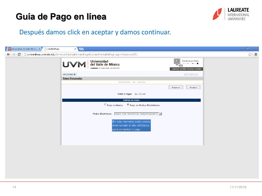 Guía de Pago en línea Después damos click en aceptar y damos continuar. 11/11/2018