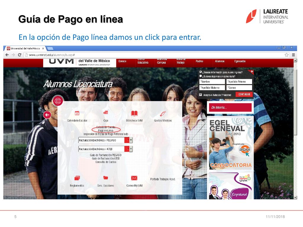 Guía de Pago en línea En la opción de Pago línea damos un click para entrar. 11/11/2018