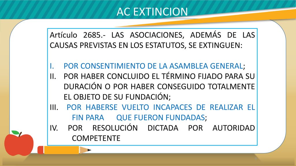AC EXTINCION Artículo LAS ASOCIACIONES, ADEMÁS DE LAS CAUSAS PREVISTAS EN LOS ESTATUTOS, SE EXTINGUEN: