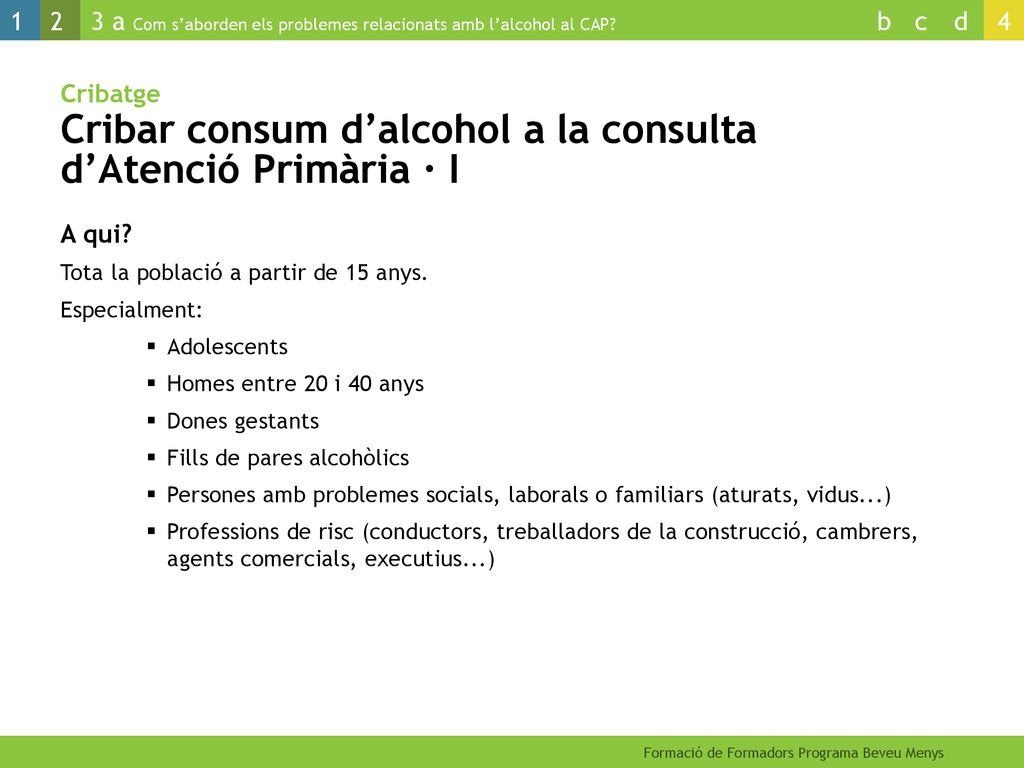 Cribatge Cribar consum d’alcohol a la consulta d’Atenció Primària · I