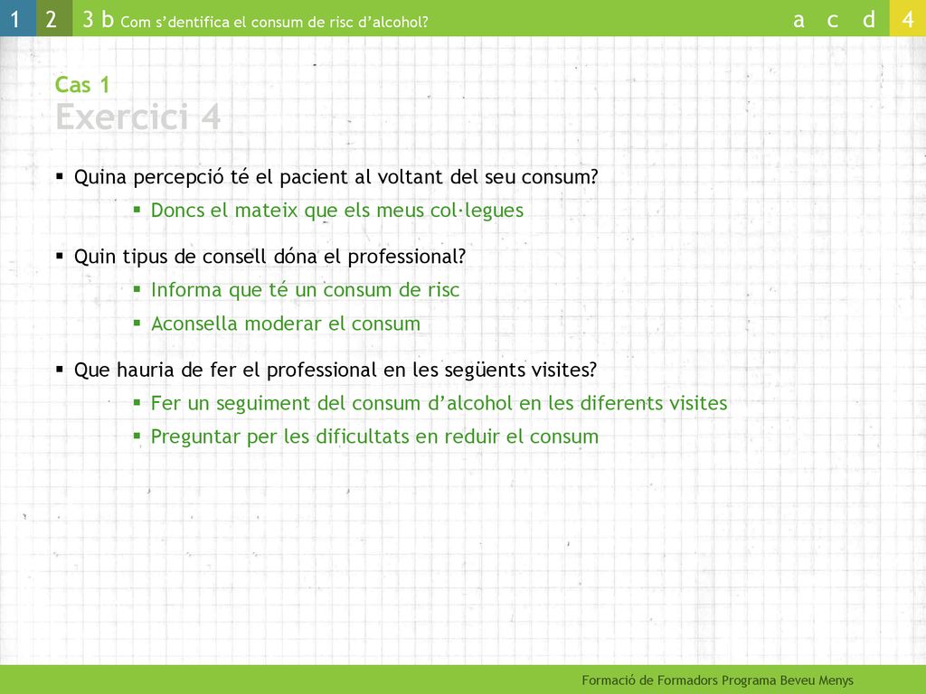 Cas 1 Exercici 4 Quina percepció té el pacient al voltant del seu consum Doncs el mateix que els meus col·legues.