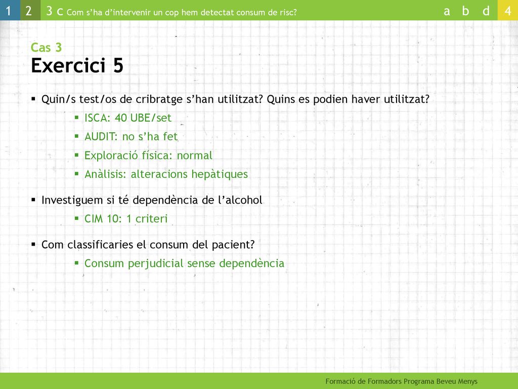 Cas 3 Exercici 5 Quin/s test/os de cribratge s’han utilitzat Quins es podien haver utilitzat ISCA: 40 UBE/set.