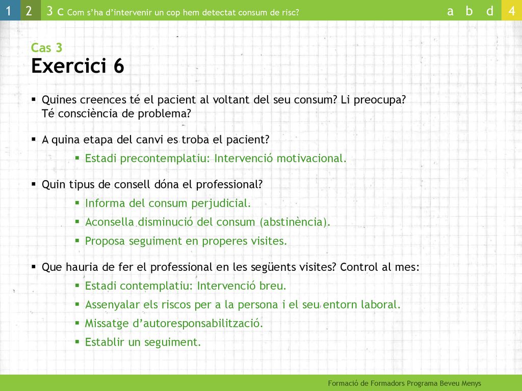 Cas 3 Exercici 6 Quines creences té el pacient al voltant del seu consum Li preocupa Té consciència de problema