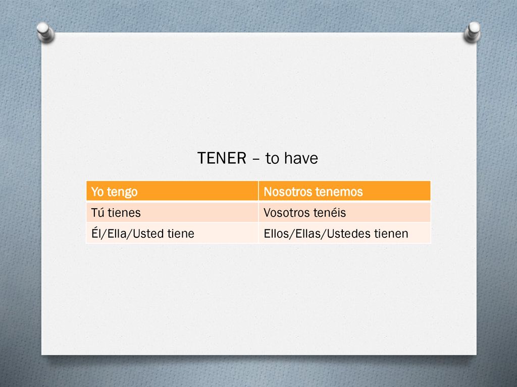 TENER – to have Yo tengo Nosotros tenemos Tú tienes Vosotros tenéis
