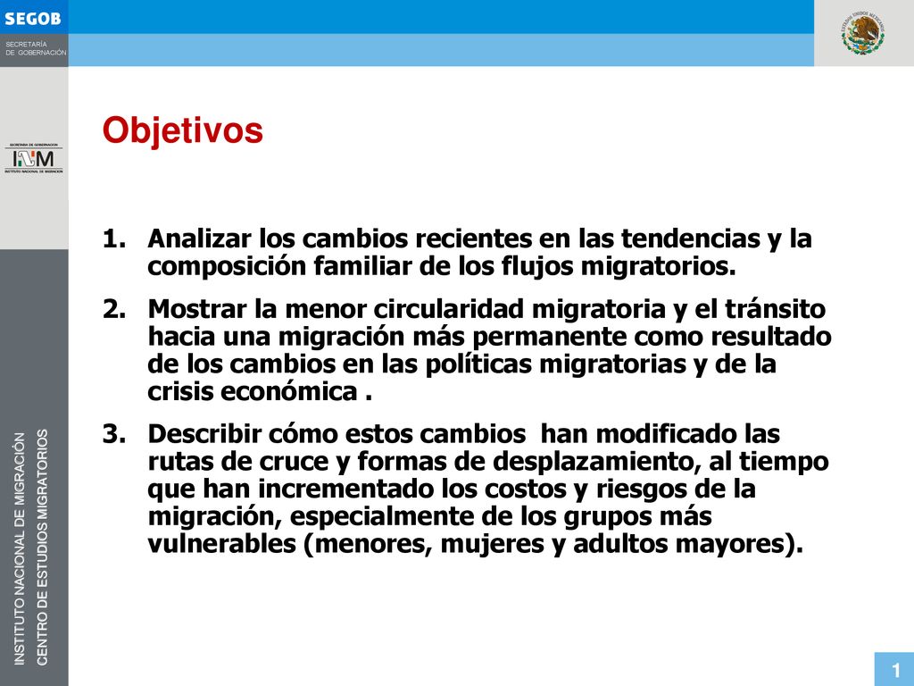 Objetivos Analizar los cambios recientes en las tendencias y la composición familiar de los flujos migratorios.