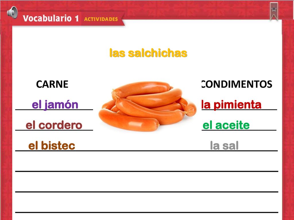 las salchichas CARNE MARISCOS CONDIMENTOS. el jamón los mejillones la pimienta