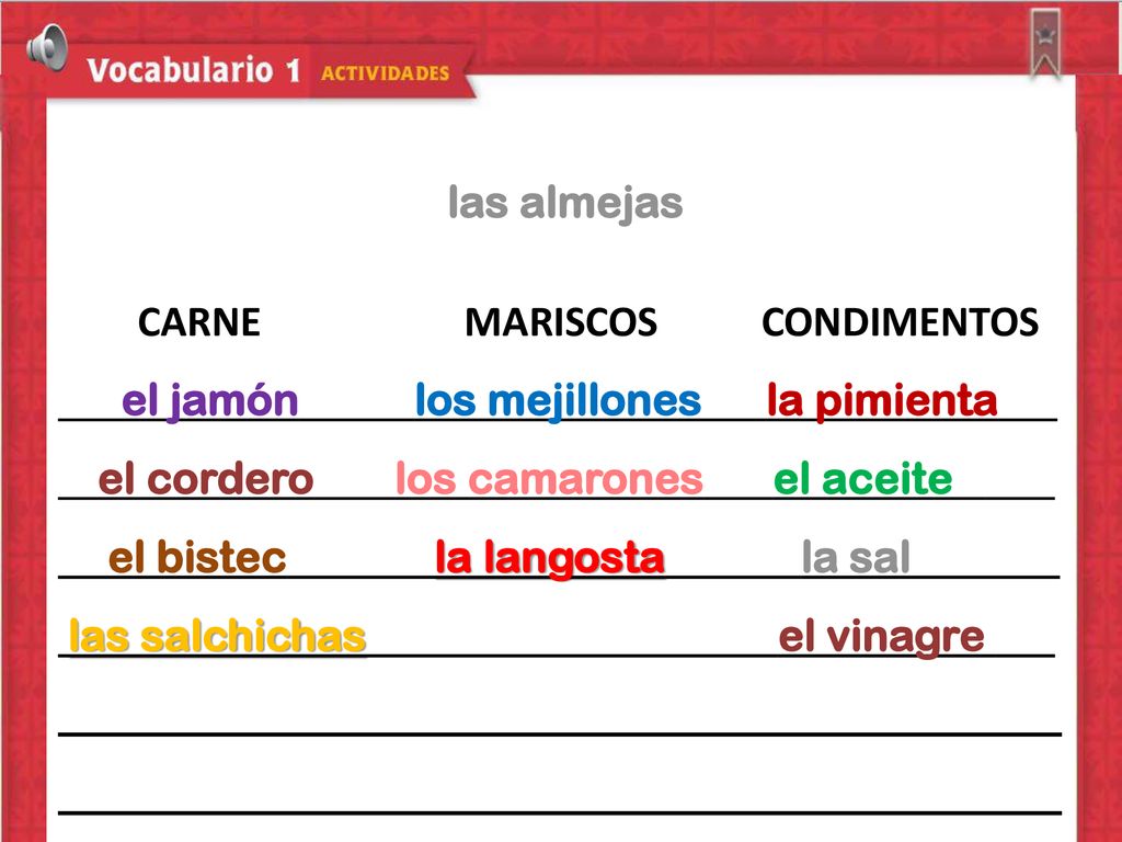 las almejas CARNE MARISCOS CONDIMENTOS. el jamón los mejillones la pimienta