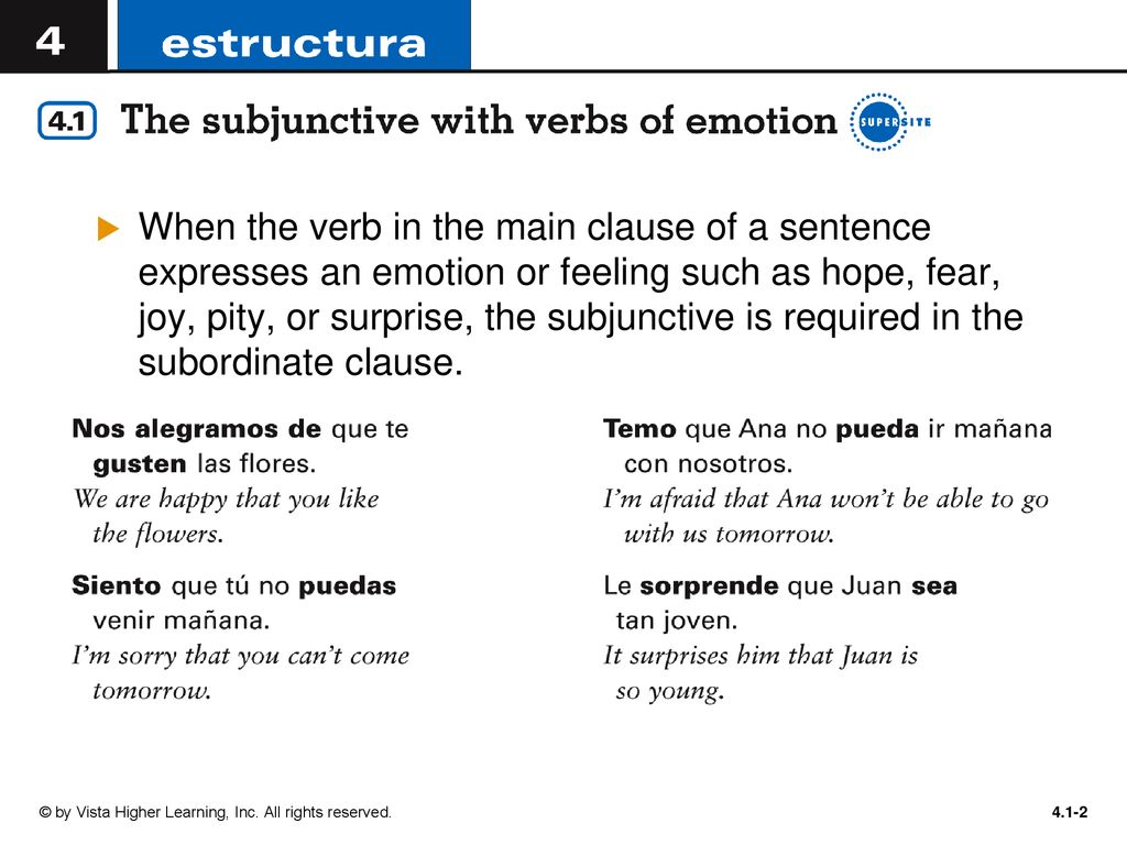 When the verb in the main clause of a sentence expresses an emotion or feeling such as hope, fear, joy, pity, or surprise, the subjunctive is required in the subordinate clause.