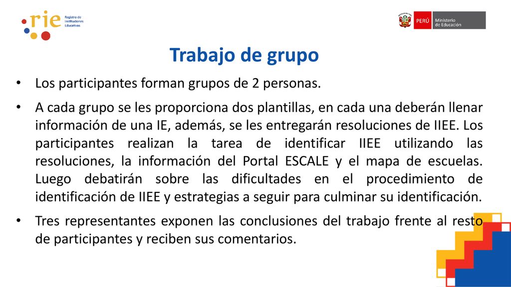 Trabajo de grupo Los participantes forman grupos de 2 personas.