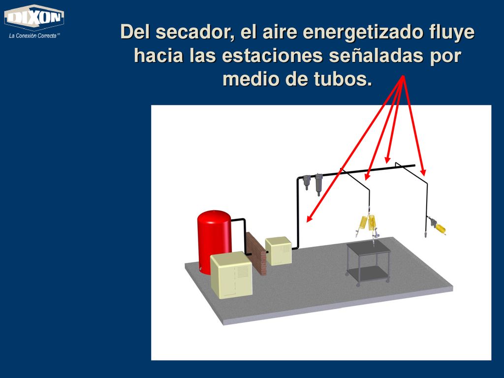 Del secador, el aire energetizado fluye hacia las estaciones señaladas por medio de tubos.