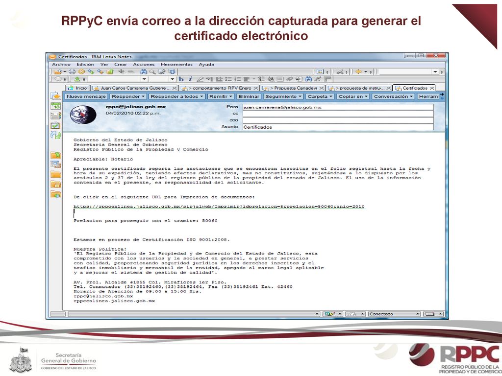 RPPyC envía correo a la dirección capturada para generar el certificado electrónico