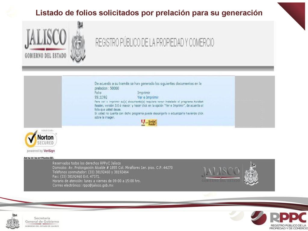 Listado de folios solicitados por prelación para su generación