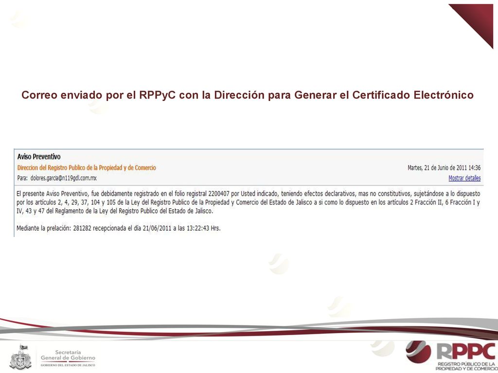 Correo enviado por el RPPyC con la Dirección para Generar el Certificado Electrónico