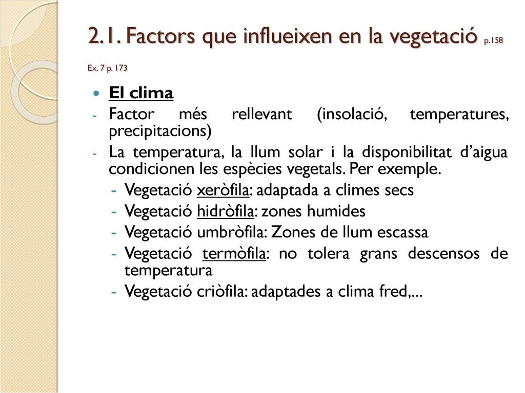 2.1. Factors que influeixen en la vegetació p.158 Ex. 7 p. 173