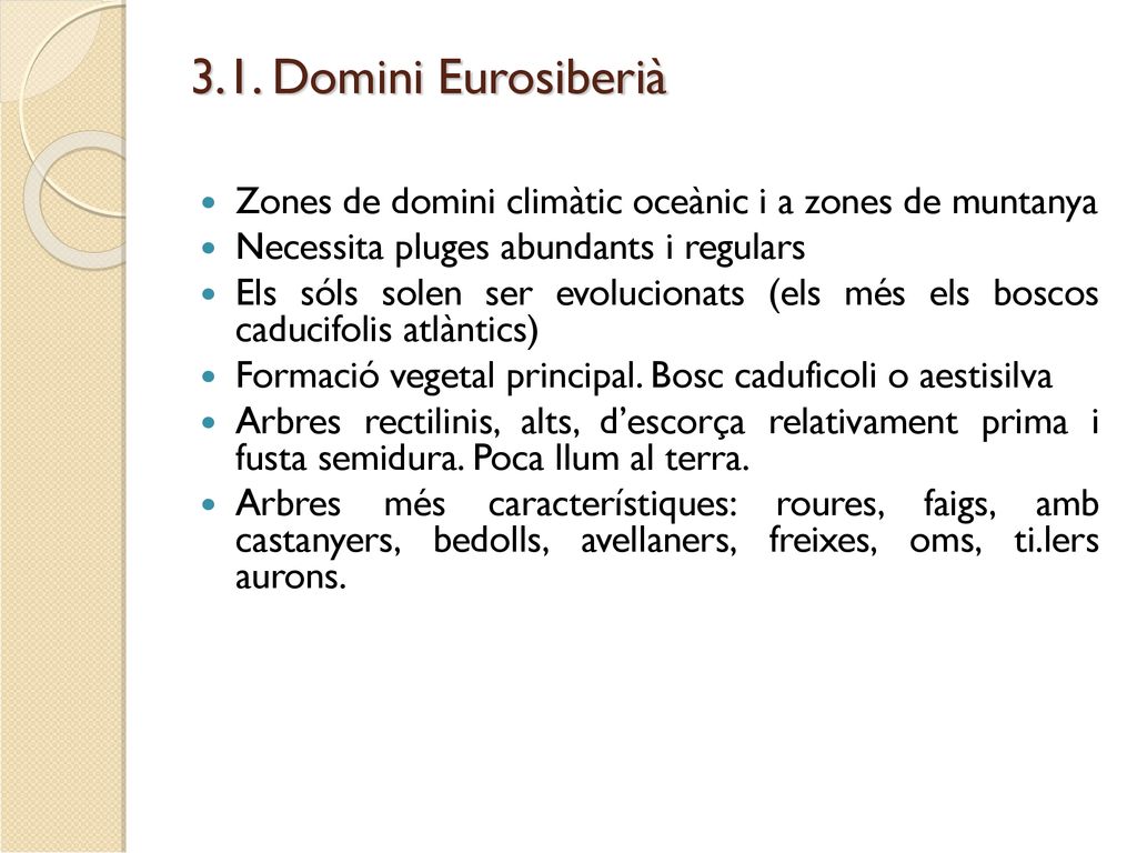 3.1. Domini Eurosiberià Zones de domini climàtic oceànic i a zones de muntanya. Necessita pluges abundants i regulars.