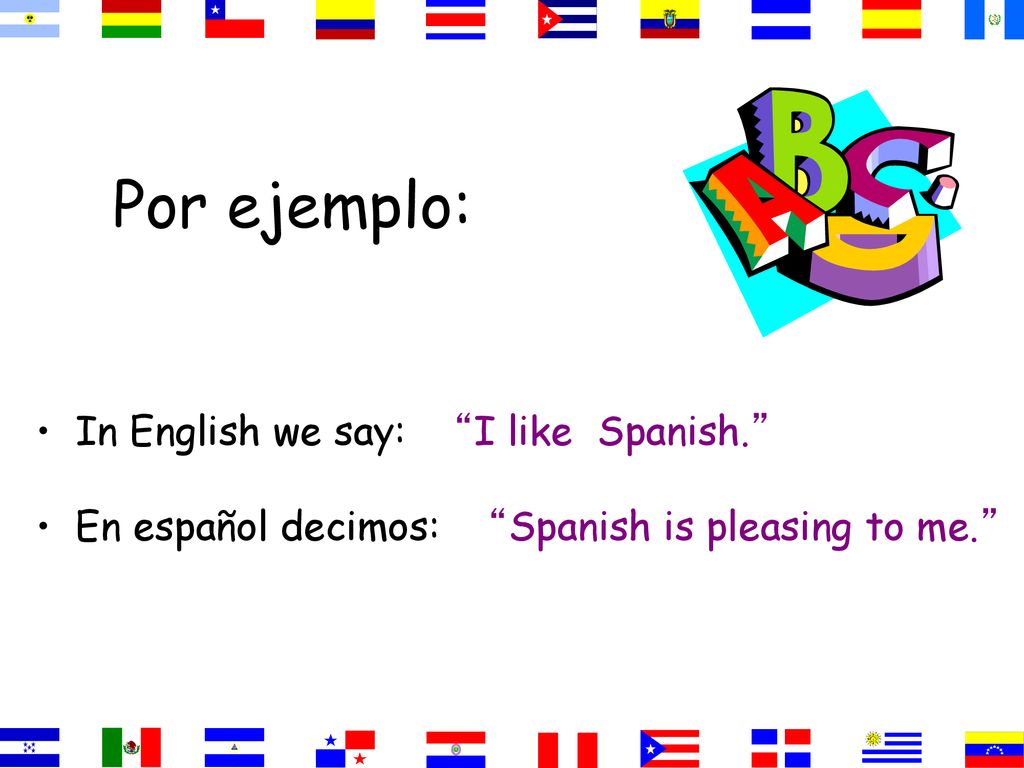 Por ejemplo: In English we say: I like Spanish.