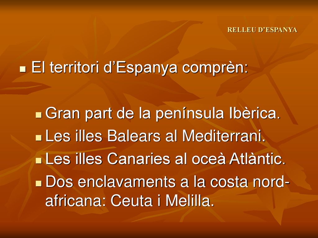 El territori d’Espanya comprèn: Gran part de la península Ibèrica.