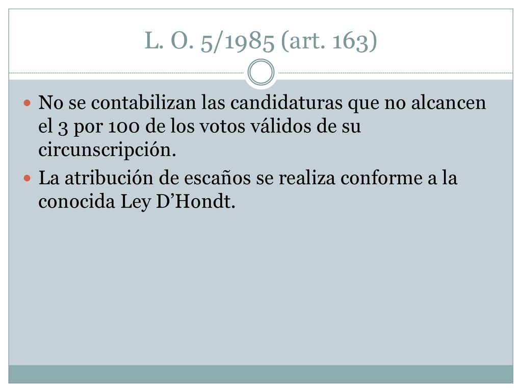 L. O. 5/1985 (art. 163) No se contabilizan las candidaturas que no alcancen el 3 por 100 de los votos válidos de su circunscripción.