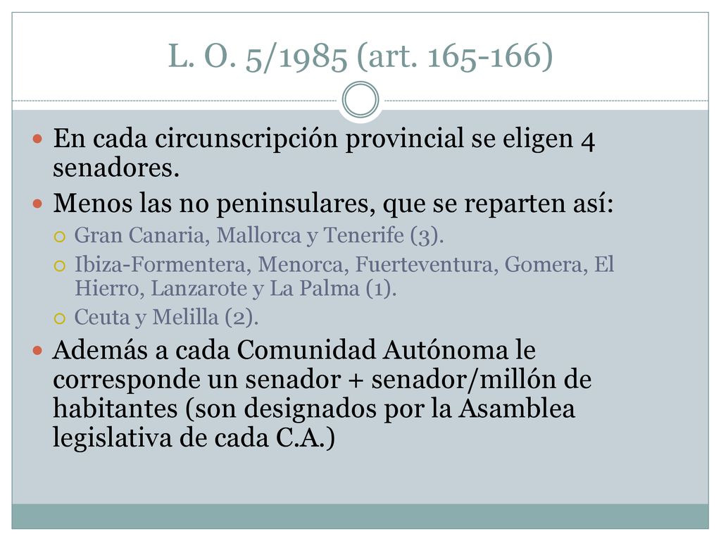 L. O. 5/1985 (art ) En cada circunscripción provincial se eligen 4 senadores. Menos las no peninsulares, que se reparten así: