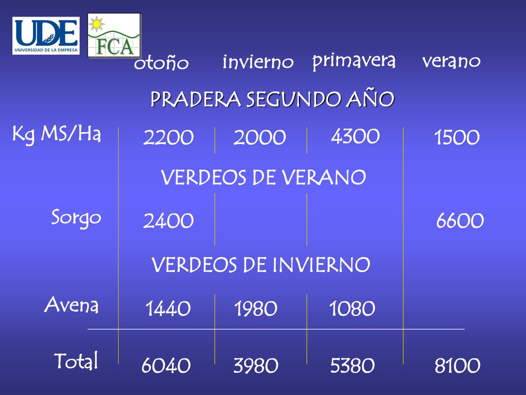 FCA otoño invierno primavera verano PRADERA SEGUNDO AÑO Kg MS/Ha 2200