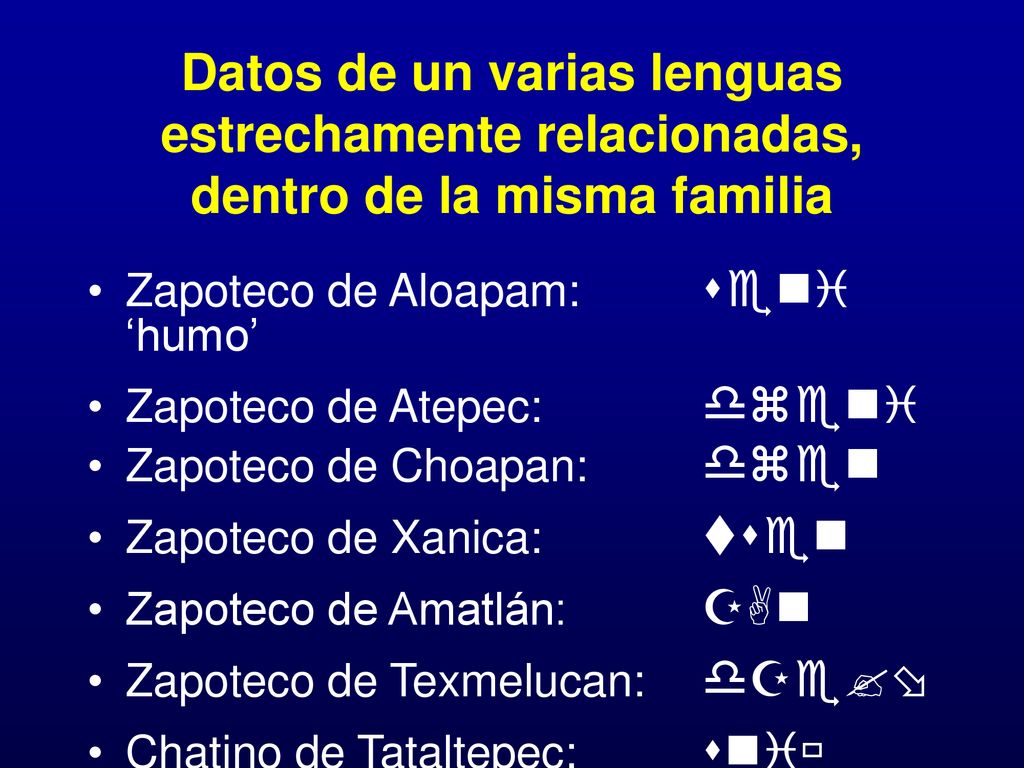 Datos de un varias lenguas estrechamente relacionadas, dentro de la misma familia