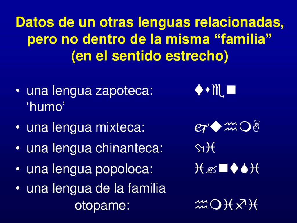 Datos de un otras lenguas relacionadas, pero no dentro de la misma familia (en el sentido estrecho)