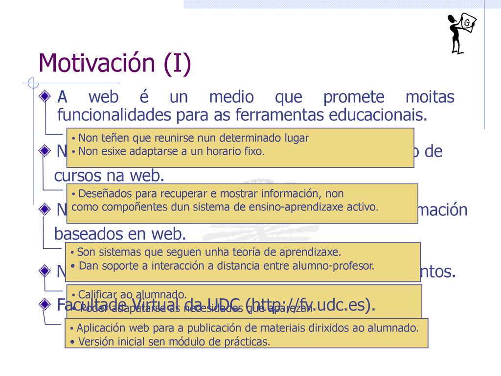 Motivación (I) A web é un medio que promete moitas funcionalidades para as ferramentas educacionais.