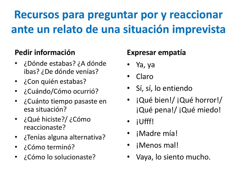 Recursos para preguntar por y reaccionar ante un relato de una situación imprevista