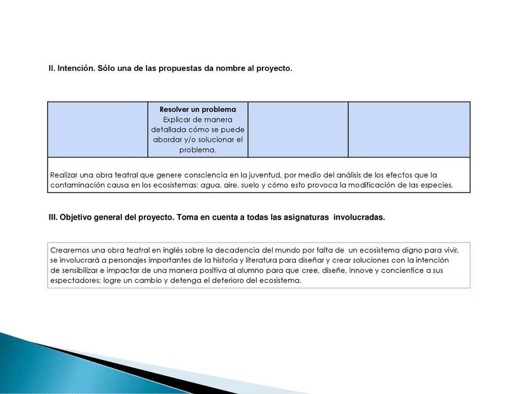 II. Intención. Sólo una de las propuestas da nombre al proyecto.