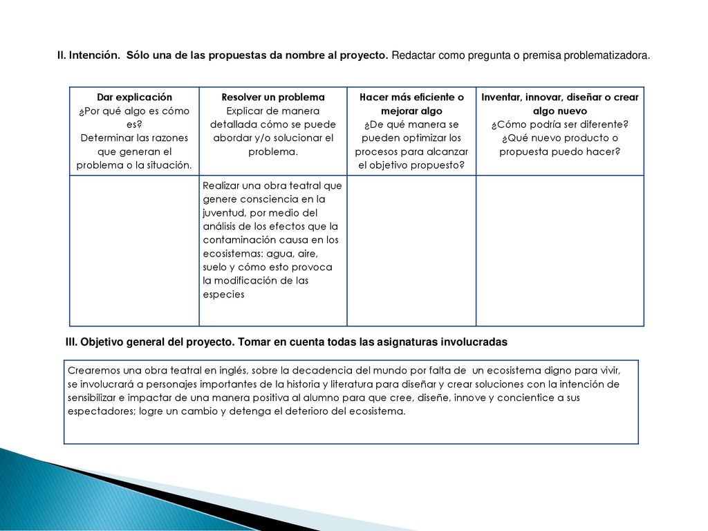 II. Intención. Sólo una de las propuestas da nombre al proyecto