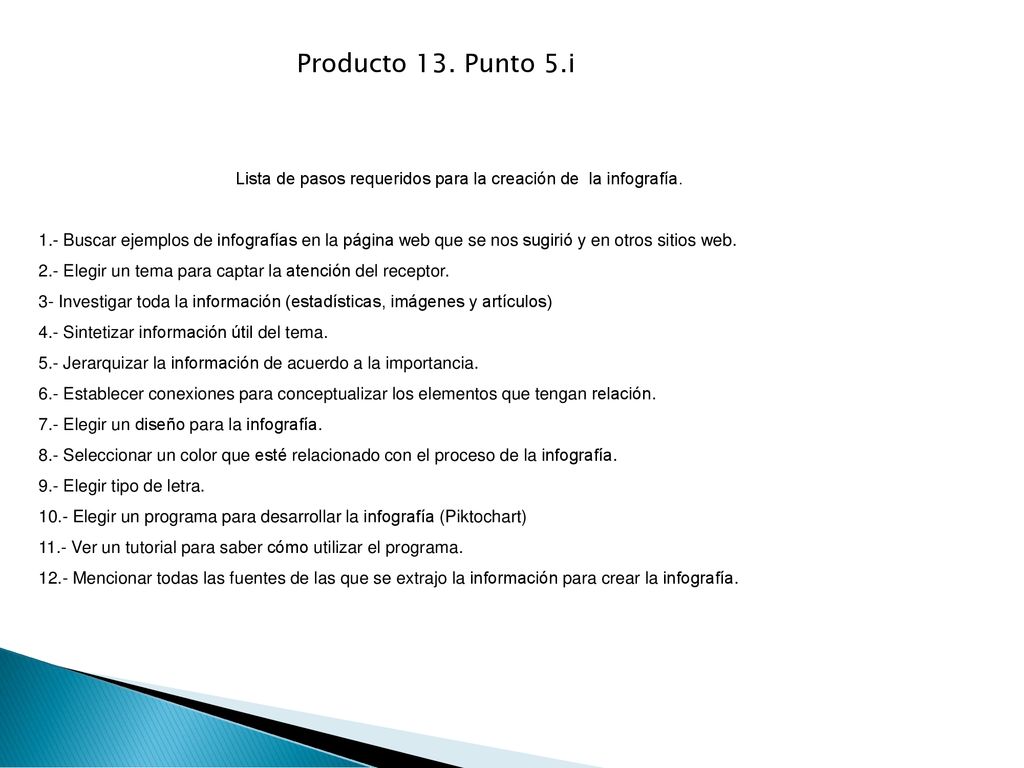 Lista de pasos requeridos para la creación de la infografía.