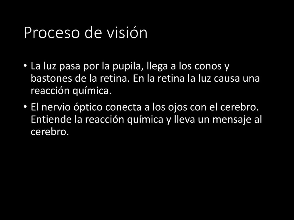 Proceso de visión La luz pasa por la pupila, llega a los conos y bastones de la retina. En la retina la luz causa una reacción química.
