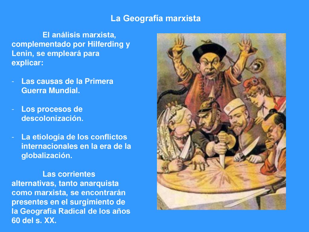 La Geografía marxista El análisis marxista, complementado por Hilferding y Lenin, se empleará para explicar: