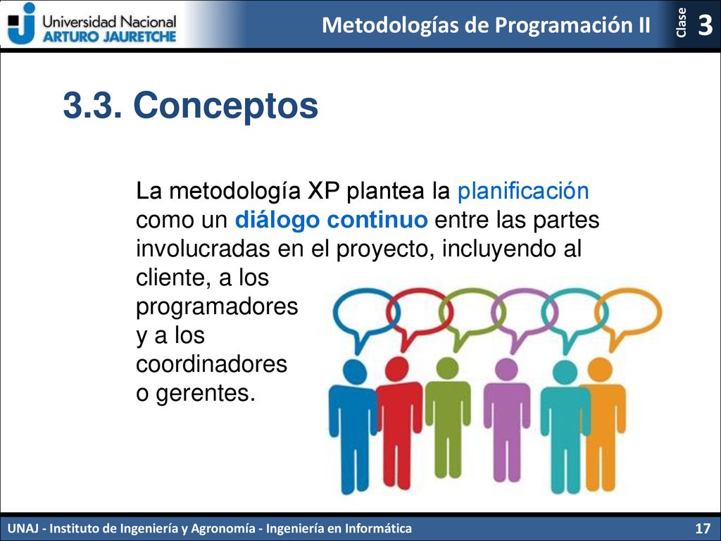3.3. Conceptos La metodología XP plantea la planificación como un diálogo continuo entre las partes involucradas en el proyecto, incluyendo al.