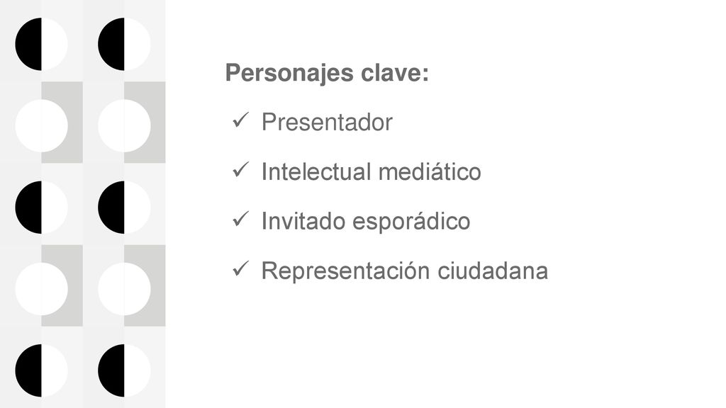 Personajes clave: Presentador Intelectual mediático Invitado esporádico Representación ciudadana