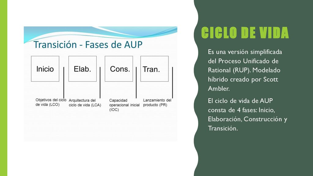Ciclo de vida Es una versión simplificada del Proceso Unificado de Rational (RUP). Modelado híbrido creado por Scott Ambler.